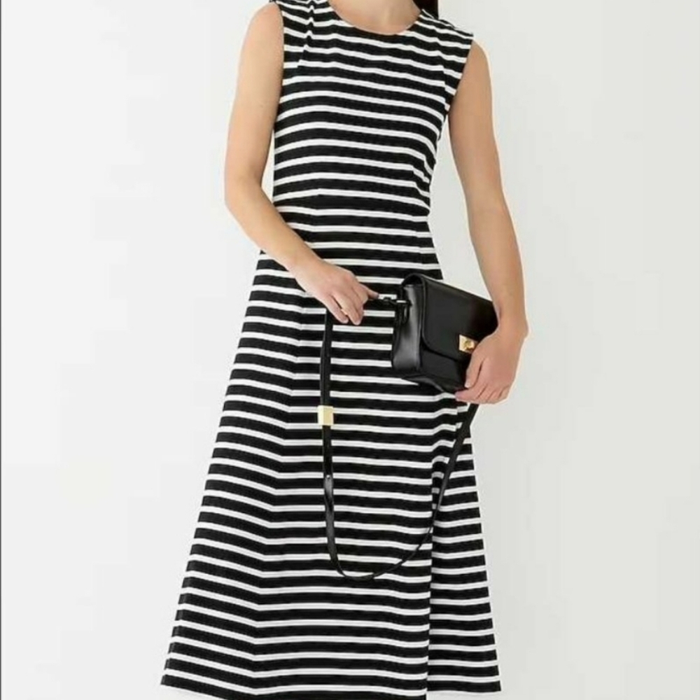 J.crew Cap Sleeve Stripe Black White Midi Dress NEW